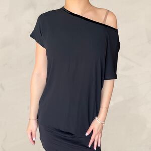 Loft black gauzy flowy top with velvet trim off the shoulder size small